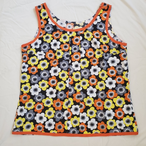 Tops - Orange, Yellow, and Black Floral Print Cotton Tank